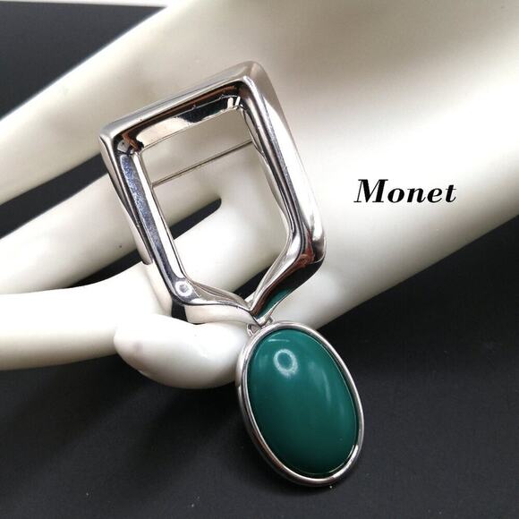 Vintage Monet Green Lucite Dangle Brooch, Silver Tone, 2 3/4 Inches - Picture 1 of 6